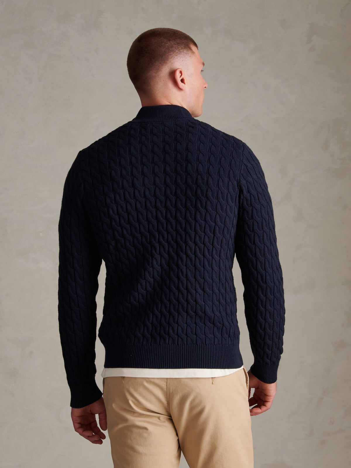Mens Classic Cotton Cable Knit Quarter Zip Funnel Neck Jumper Dark Sapphire Navy / Moonlight Blue DHM