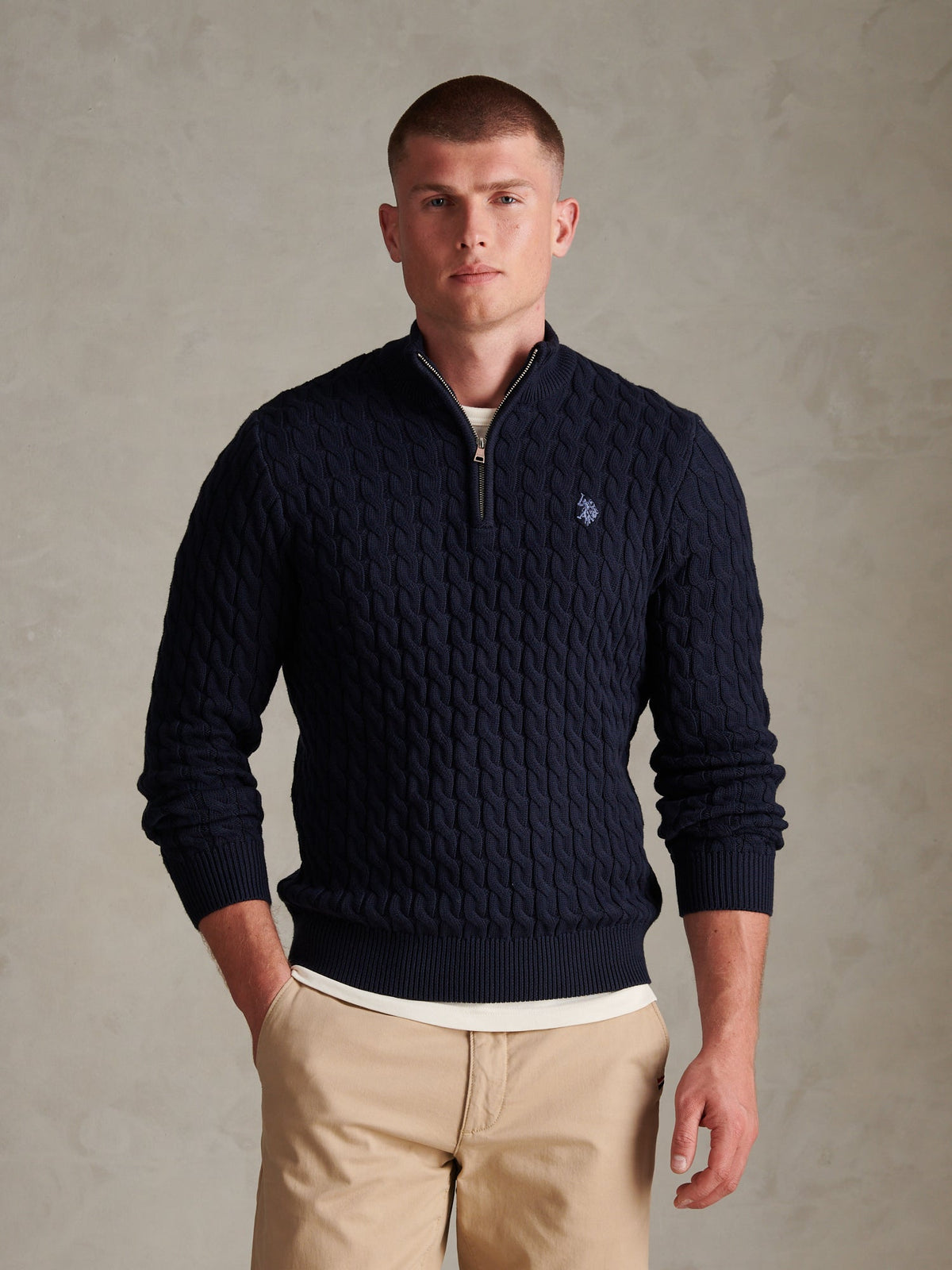 Mens Classic Cotton Cable Knit Quarter Zip Funnel Neck Jumper Dark Sapphire Navy / Moonlight Blue DHM