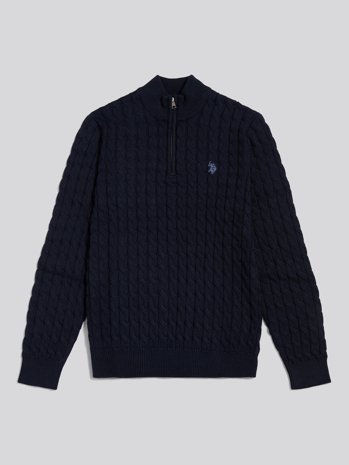 Mens Classic Cotton Cable Knit Quarter Zip Funnel Neck Jumper Dark Sapphire Navy / Moonlight Blue DHM