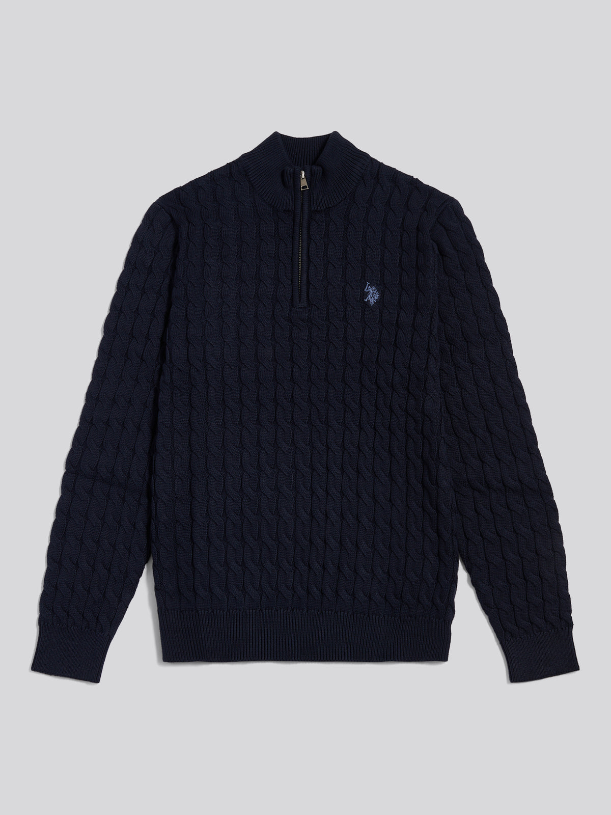 Mens Classic Cotton Cable Knit Quarter Zip Funnel Neck Jumper Dark Sapphire Navy / Moonlight Blue DHM