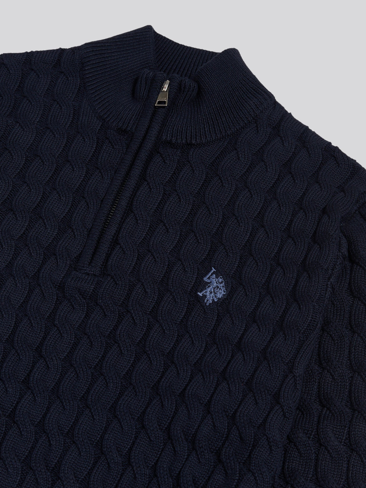 Mens Classic Cotton Cable Knit Quarter Zip Funnel Neck Jumper Dark Sapphire Navy / Moonlight Blue DHM
