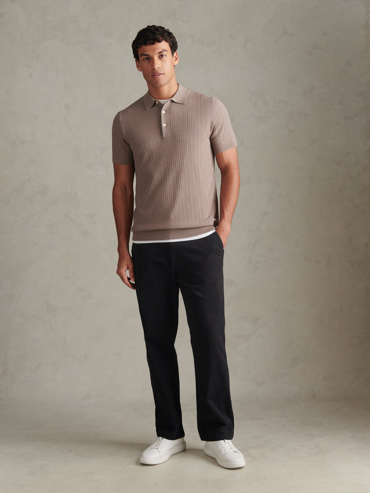Mens Vertical Texture Knitted Polo Shirt Cinder