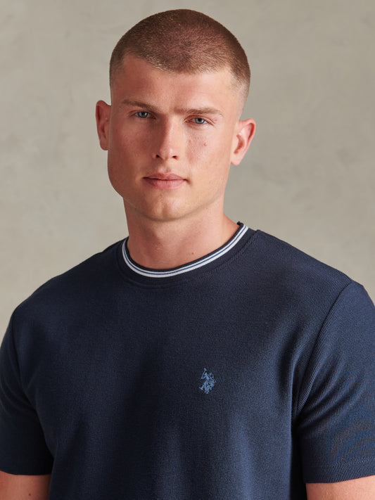 Mens Honeycomb Pique Tipped T-Shirt Dark Sapphire Navy / Moonlight Blue DHM