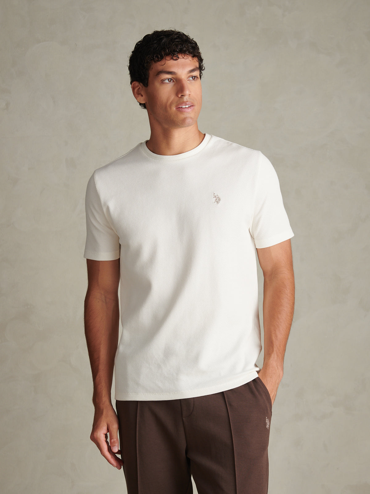 Mens Popcorn Texture Double Horsemen T-Shirt Whisper White