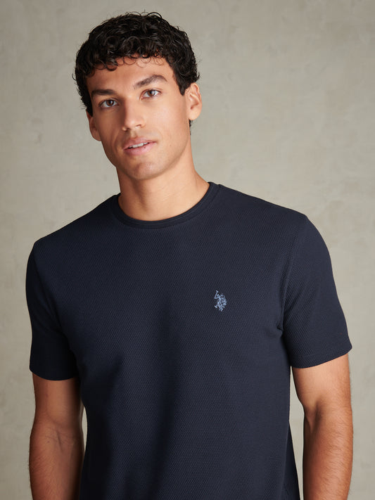 Mens Popcorn Texture Double Horsemen T-Shirt Dark Sapphire Navy / Moonlight Blue DHM