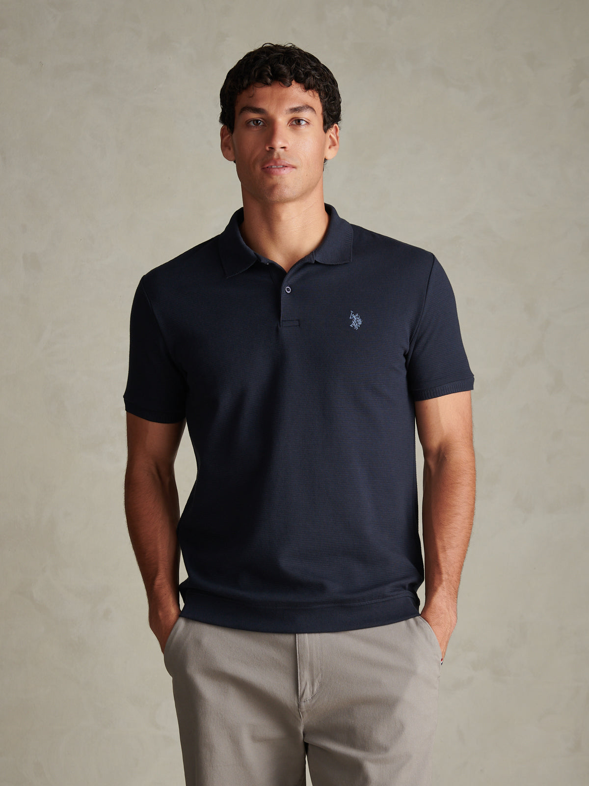Mens Raised Horizontal Texture Pique Polo Shirt Dark Sapphire Navy / Moonlight Blue DHM