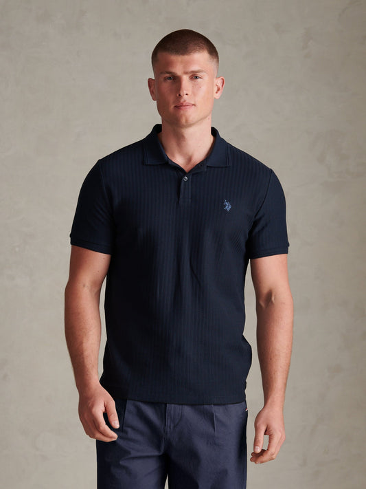 Mens Herringbone Texture Polo Shirt Dark Sapphire Navy / Moonlight Blue DHM