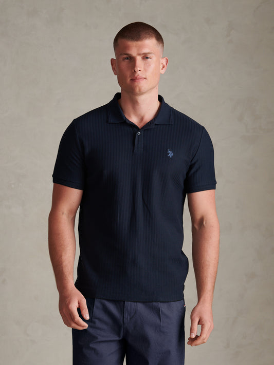 Mens Herringbone Texture Polo Shirt Dark Sapphire Navy / Moonlight Blue DHM