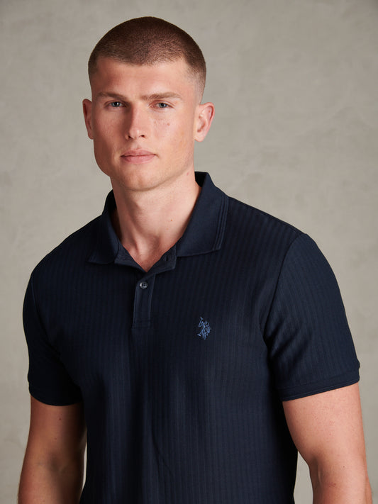 Mens Herringbone Texture Polo Shirt Dark Sapphire Navy / Moonlight Blue DHM