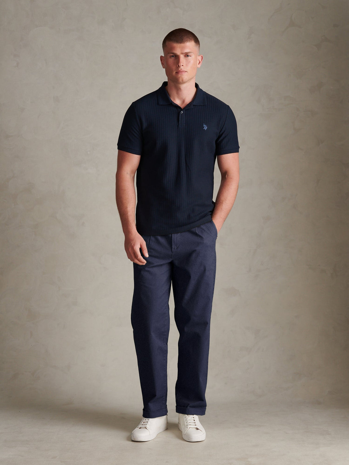 Mens Herringbone Texture Polo Shirt Dark Sapphire Navy / Moonlight Blue DHM