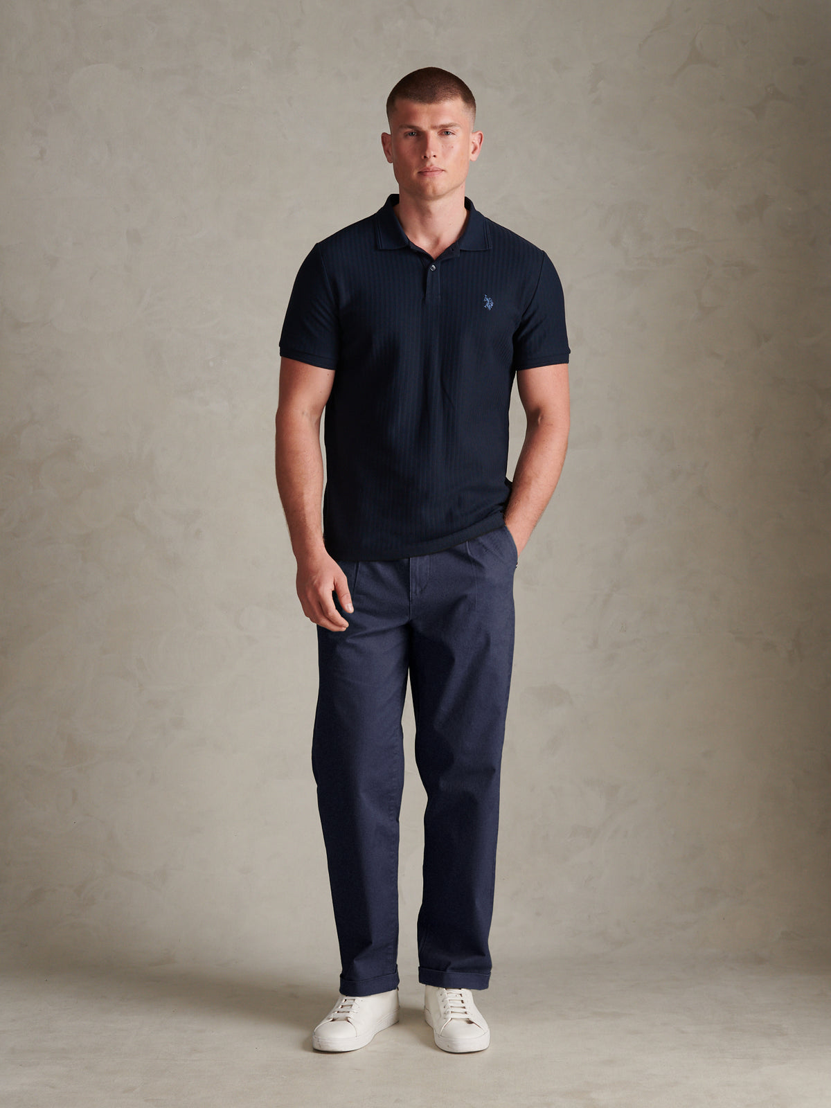 Mens Herringbone Texture Polo Shirt Dark Sapphire Navy / Moonlight Blue DHM