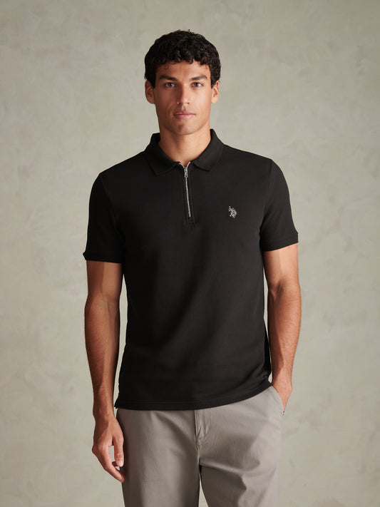 Mens Popcorn Texture Smart Zip Polo Shirt Black