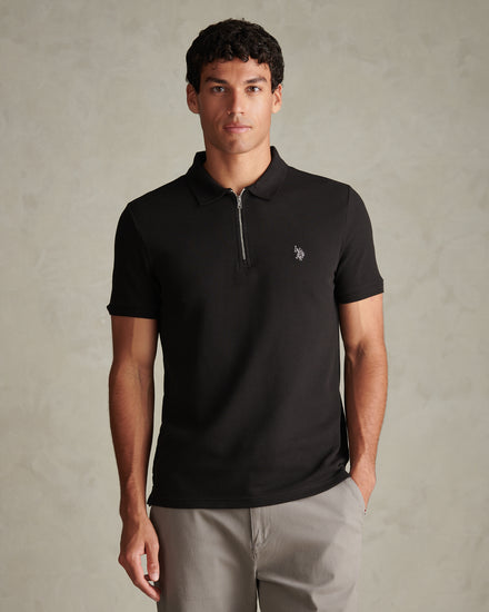 Mens Popcorn Texture Smart Zip Polo Shirt Black