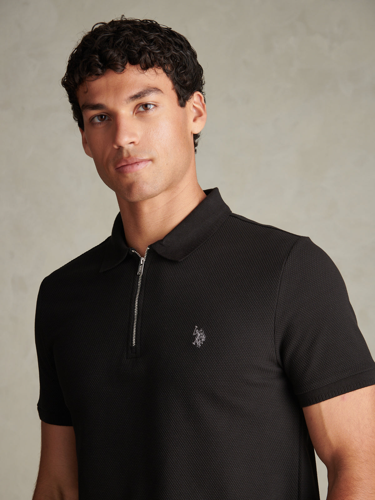 Mens Popcorn Texture Smart Zip Polo Shirt Black