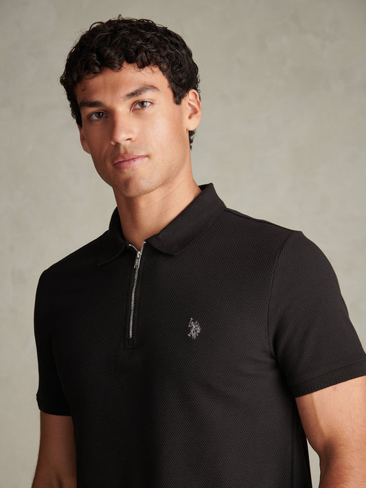 Mens Popcorn Texture Smart Zip Polo Shirt Black