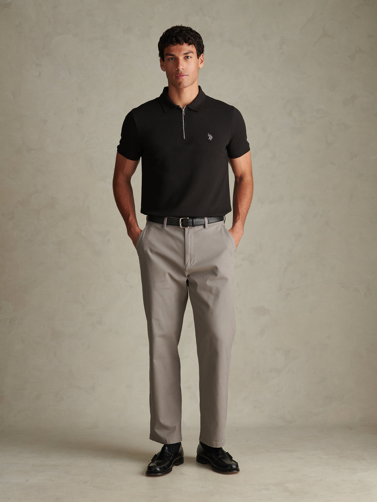 Mens Popcorn Texture Smart Zip Polo Shirt Black