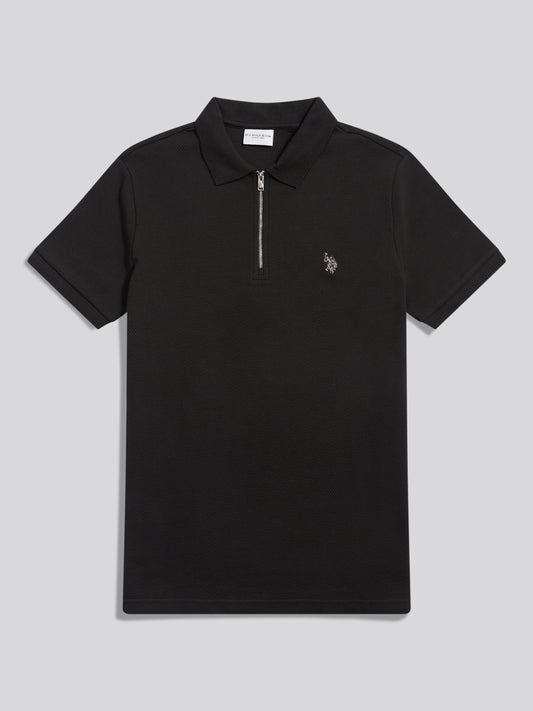 Mens Popcorn Texture Smart Zip Polo Shirt Black