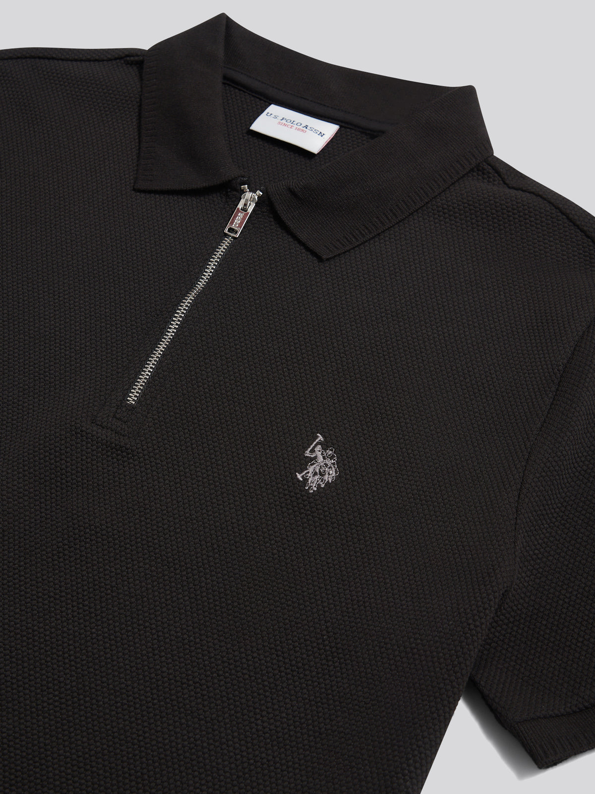 Mens Popcorn Texture Smart Zip Polo Shirt Black