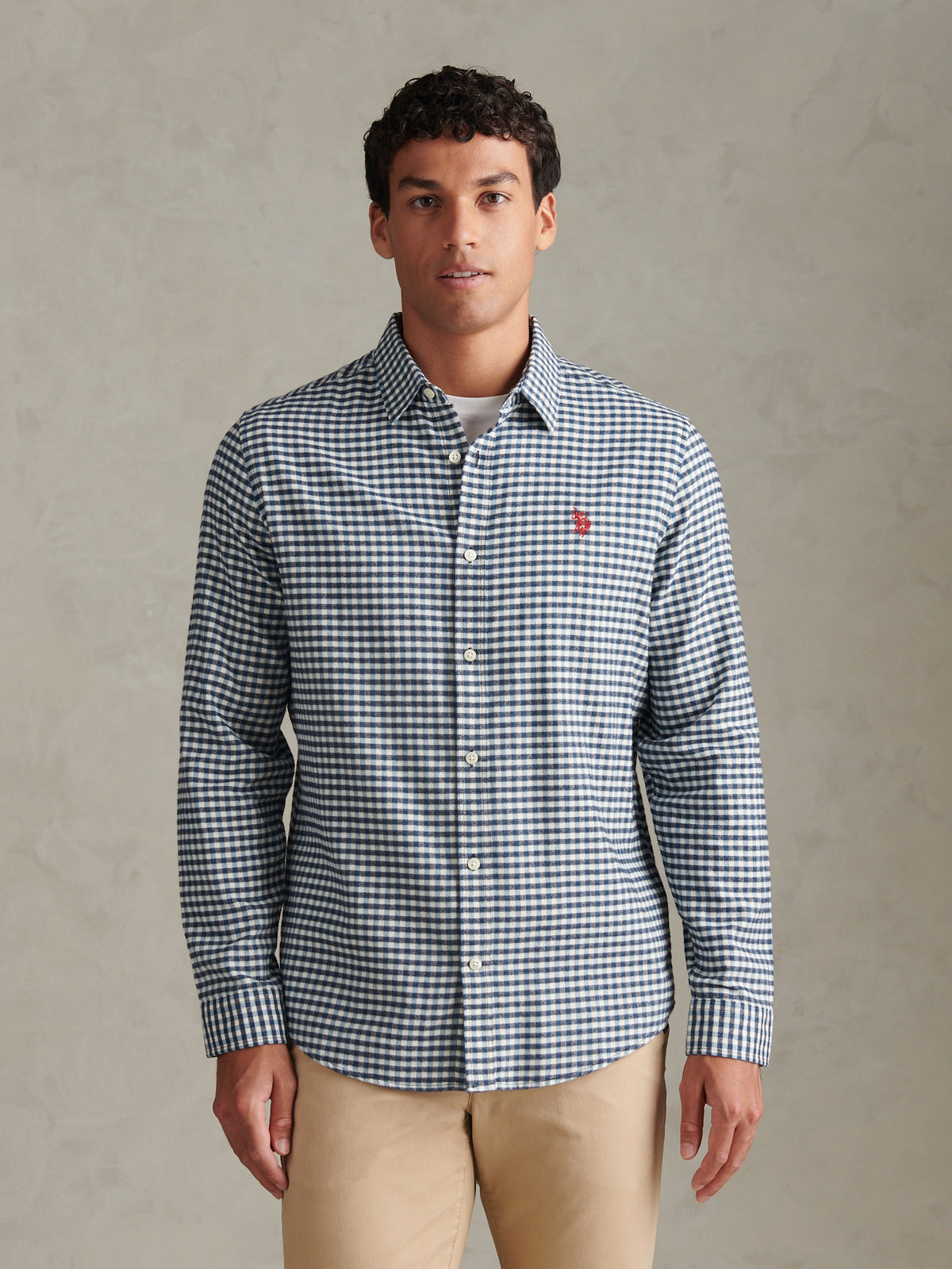 Mens Textured Weave Gingham Shirt Dark Sapphire Navy / Haute Red DHM