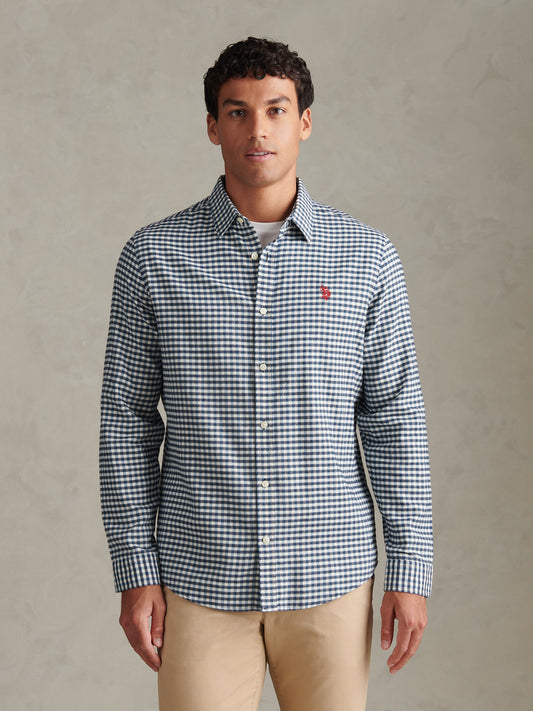 Mens Textured Weave Gingham Shirt Dark Sapphire Navy / Haute Red DHM