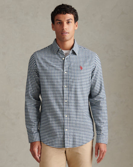 Mens Textured Weave Gingham Shirt Dark Sapphire Navy / Haute Red DHM
