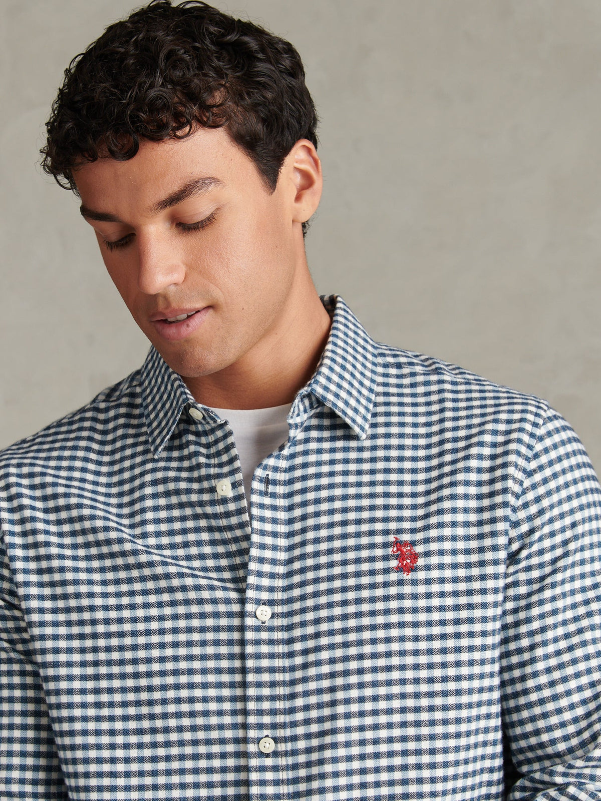 Mens Textured Weave Gingham Shirt Dark Sapphire Navy / Haute Red DHM