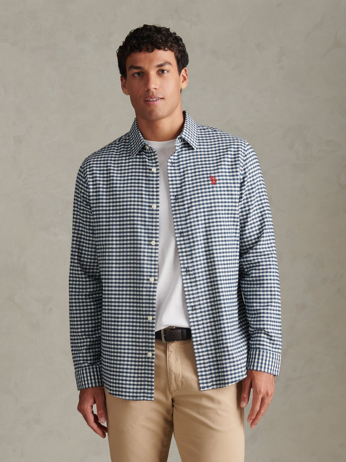Mens Textured Weave Gingham Shirt Dark Sapphire Navy / Haute Red DHM