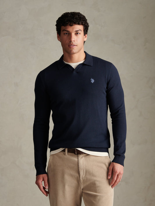 Mens Combed Cotton Open Collar Long Sleeve Polo Shirt Dark Sapphire Navy / Moonlight Blue DHM