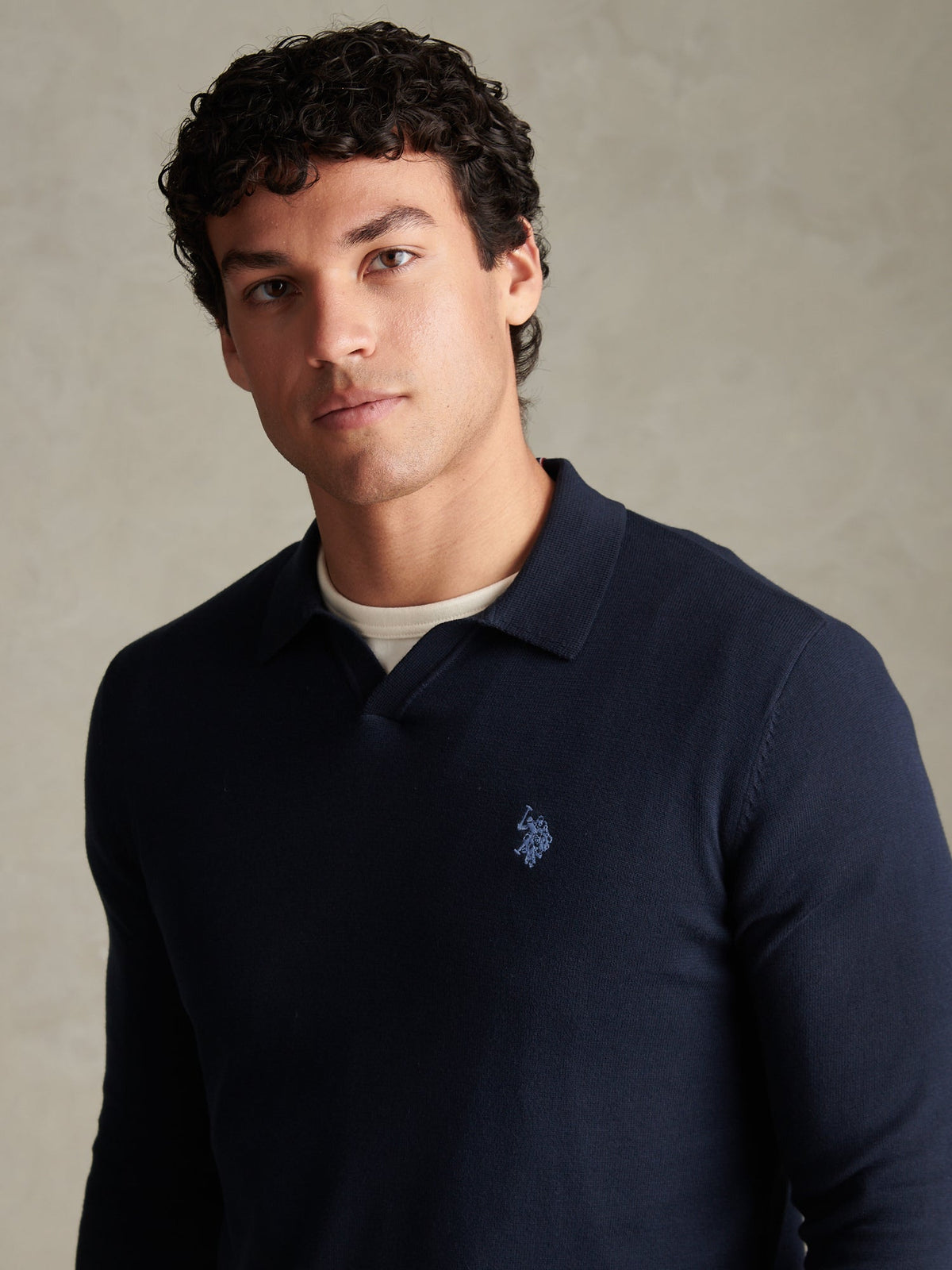 Mens Combed Cotton Open Collar Long Sleeve Polo Shirt Dark Sapphire Navy / Moonlight Blue DHM