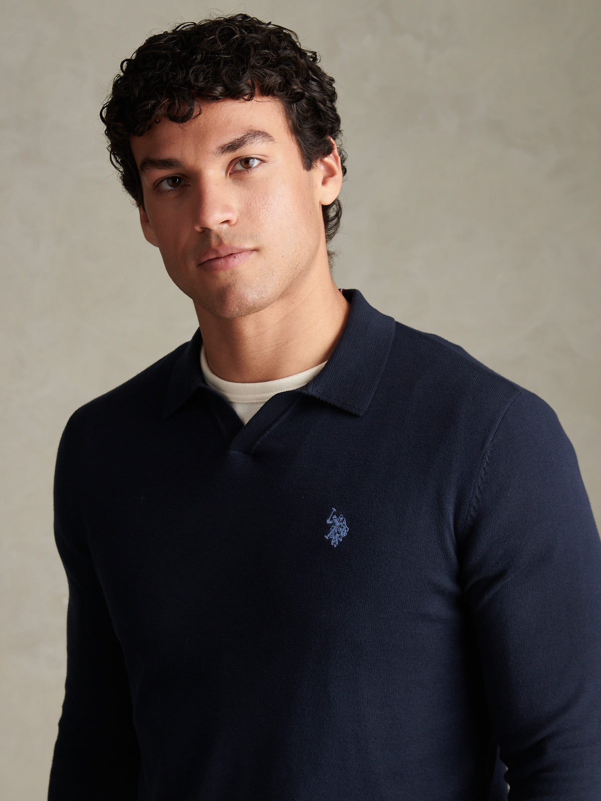 Mens Combed Cotton Open Collar Long Sleeve Polo Shirt Dark Sapphire Navy / Moonlight Blue DHM