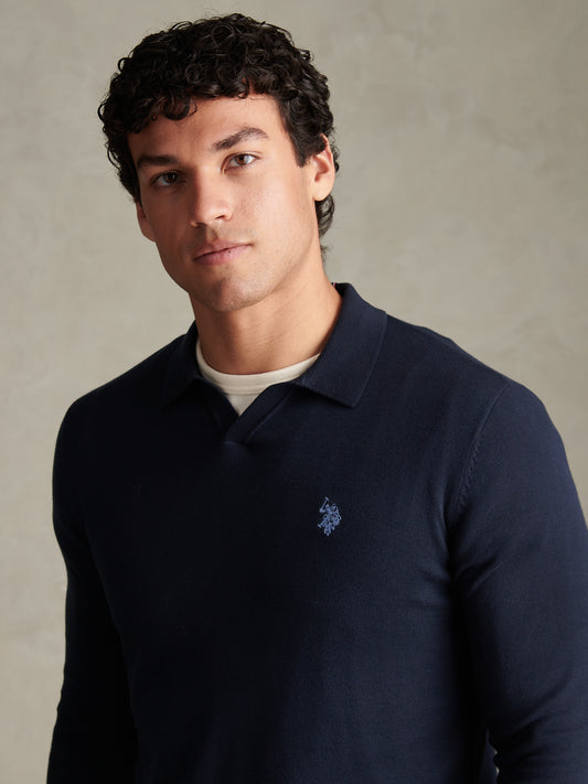 Mens Combed Cotton Open Collar Long Sleeve Polo Shirt Dark Sapphire Navy / Moonlight Blue DHM