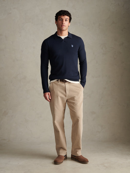 Mens Combed Cotton Open Collar Long Sleeve Polo Shirt Dark Sapphire Navy / Moonlight Blue DHM