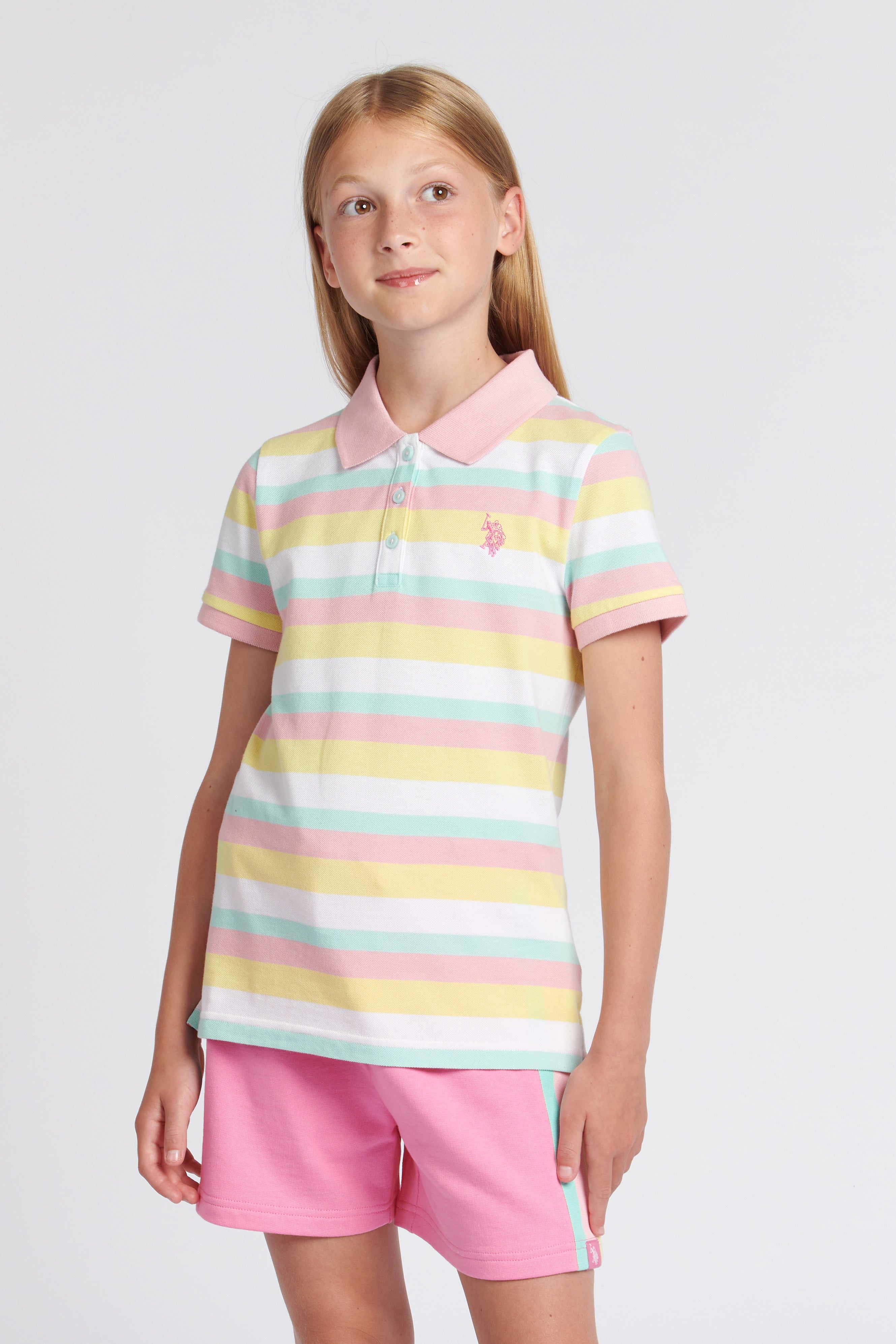 Girls Stripe Pique Polo Shirt in Romance Rose