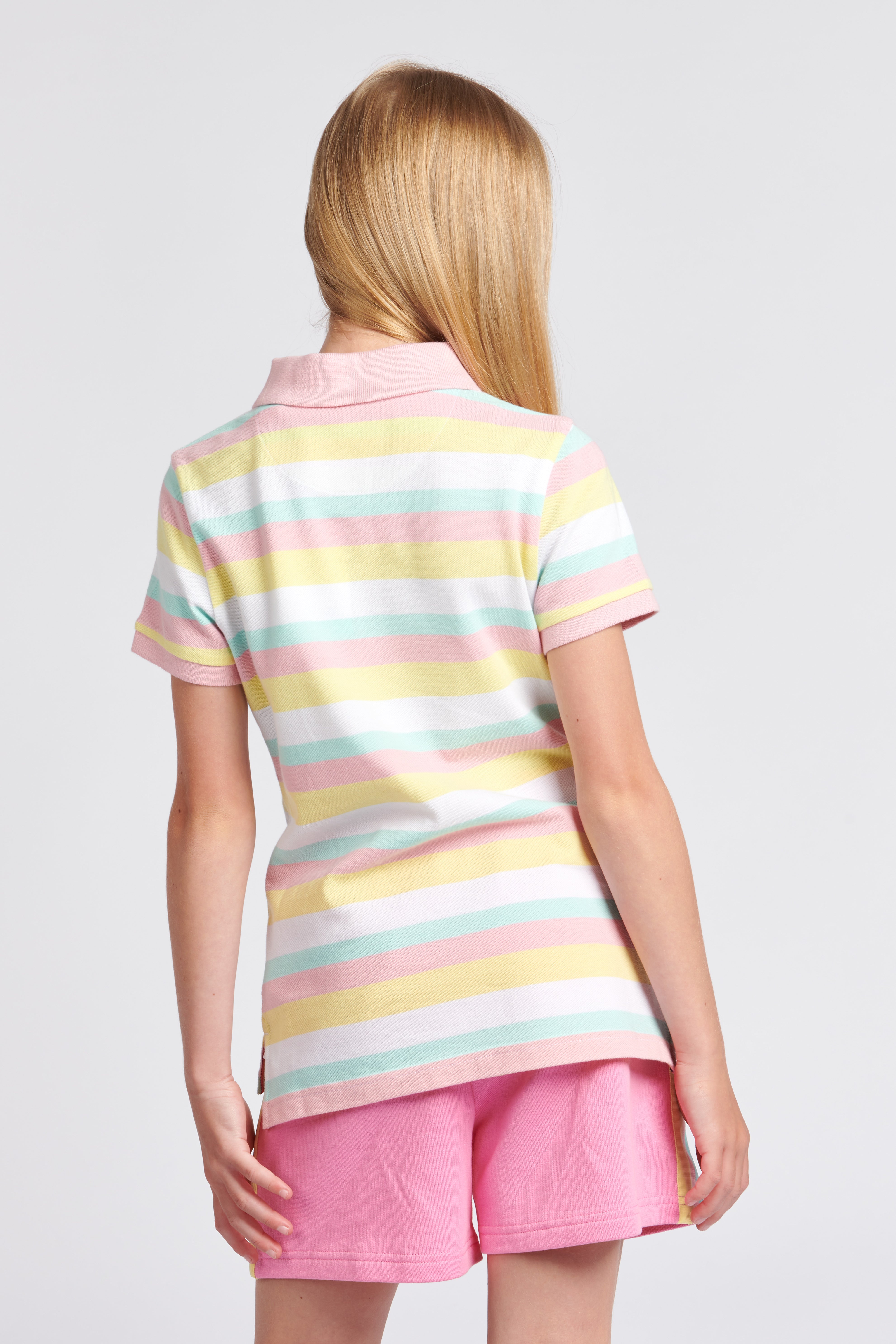 Girls Stripe Pique Polo Shirt in Romance Rose