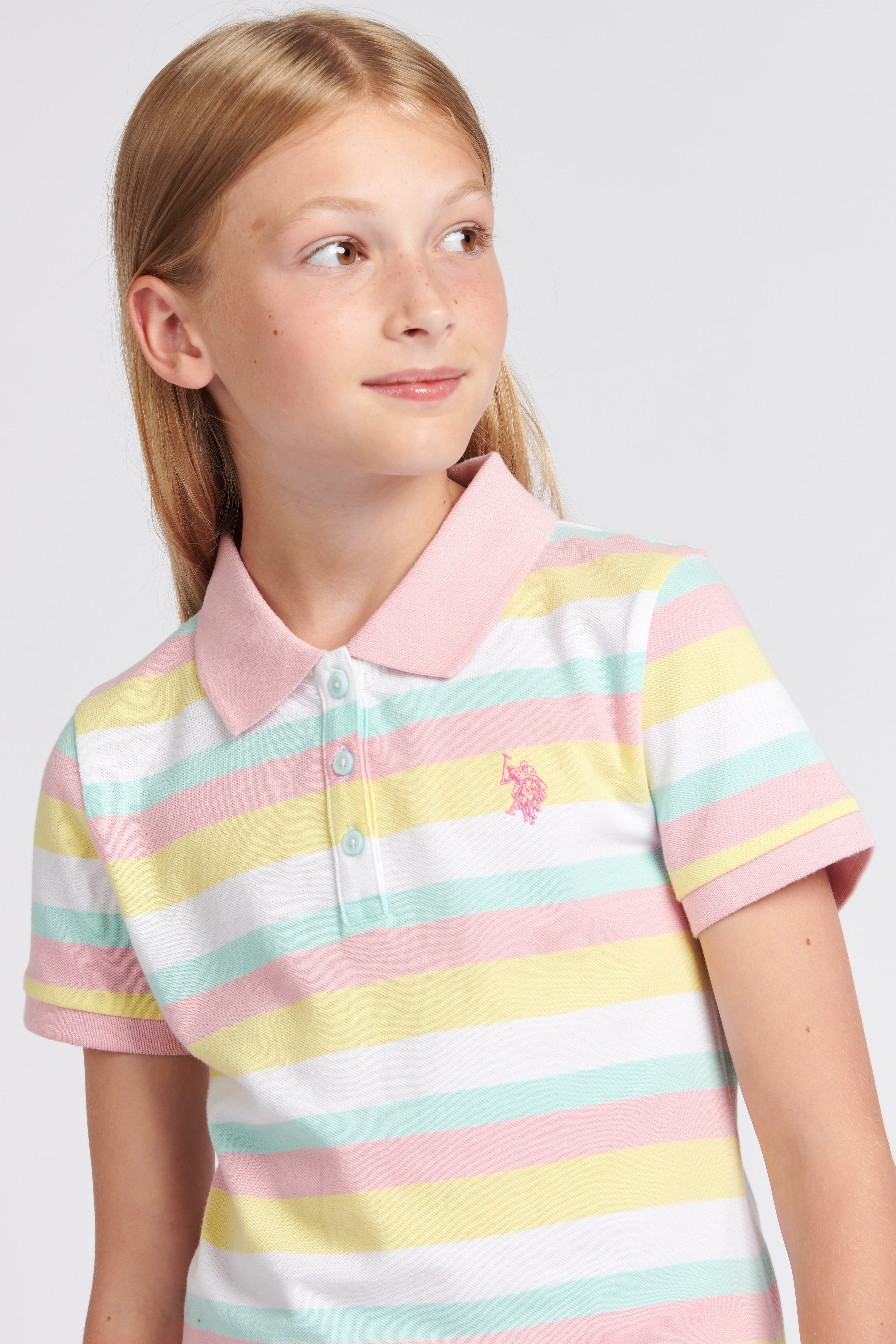 Girls Stripe Pique Polo Shirt in Romance Rose