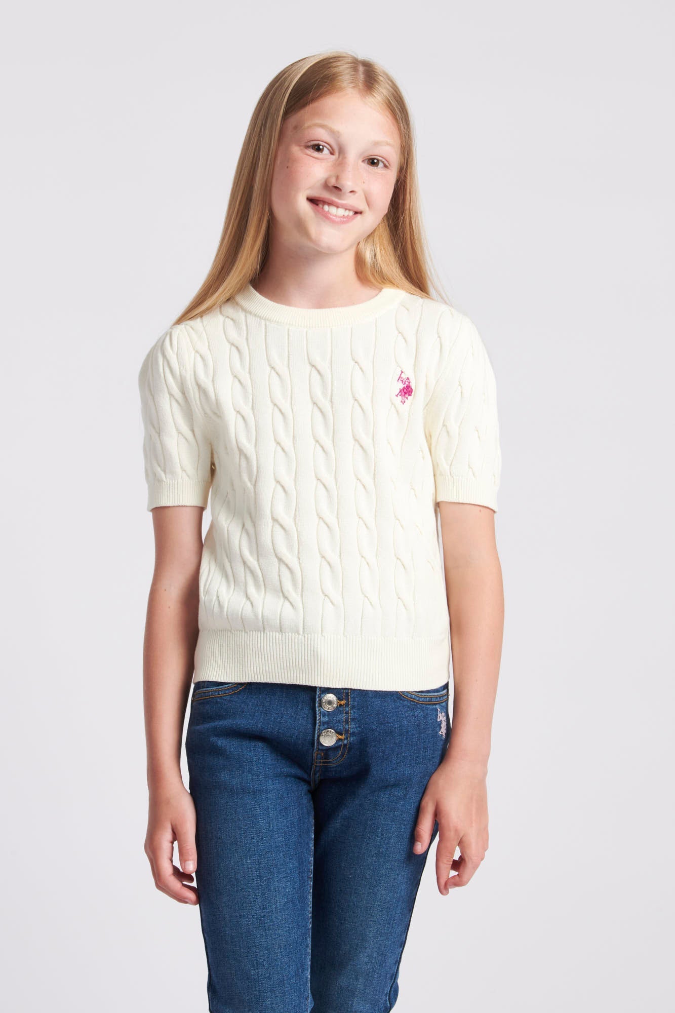 U.S. Polo Assn. Girls Cable Knit Short Sleeve Jumper in Egret