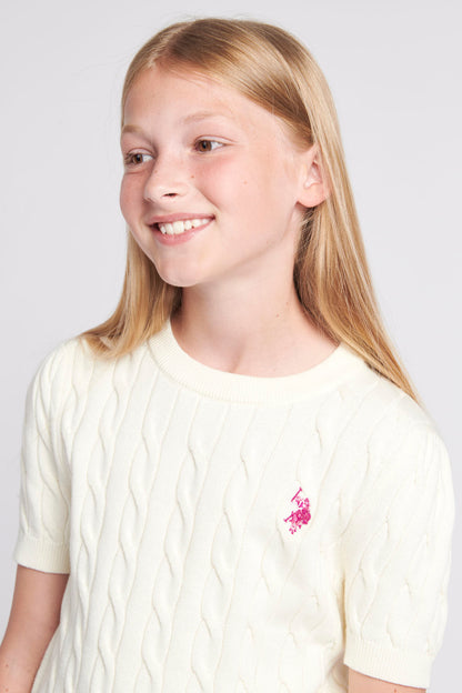 Girls Cable Knit Short Sleeve Jumper in Egret