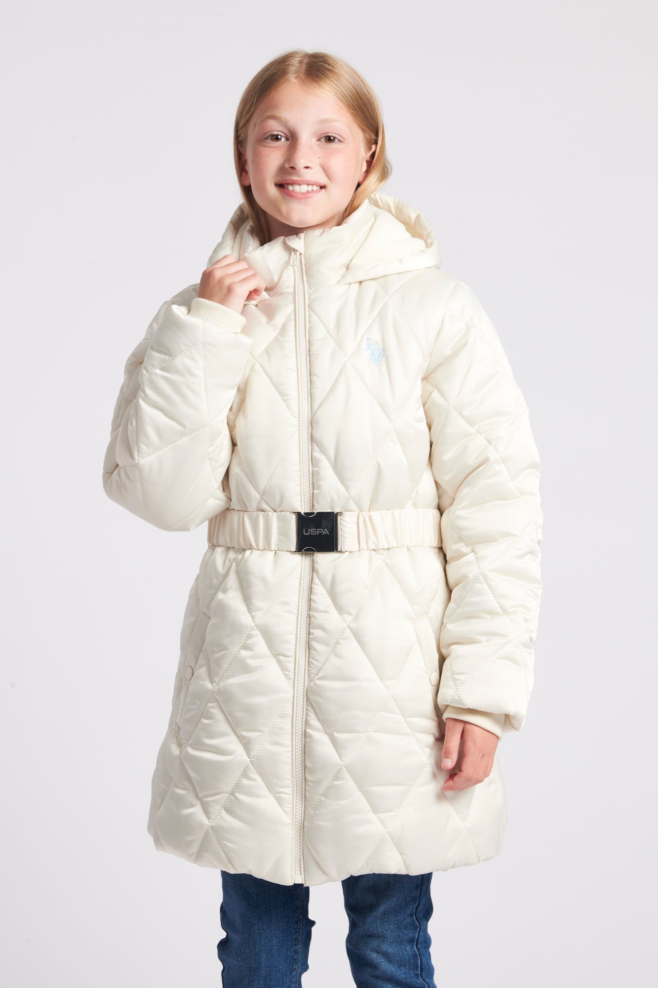 U.S. Polo Assn. Girls Belted Puffer Coat in Turtle Dove