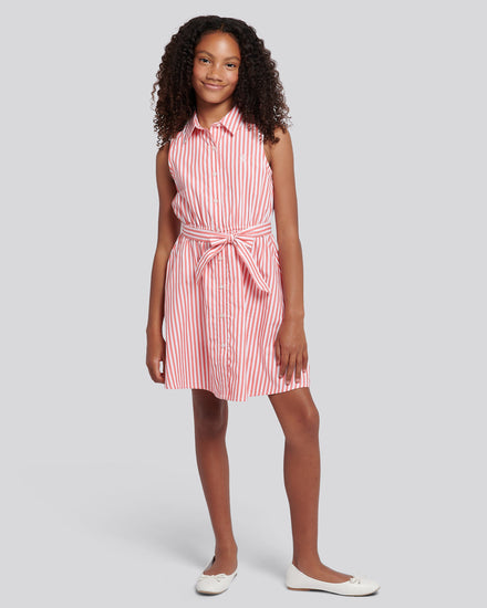Girls Striped Sleeveless Shirt Dress in Sugar Coral