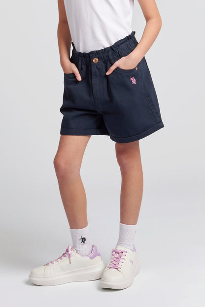 U.S. Polo Assn. Girls Paperbag Waist Twill Shorts in Navy Iris