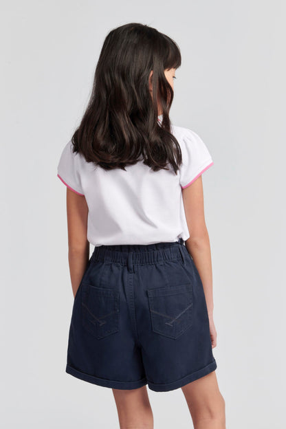 Girls Paperbag Waist Twill Shorts in Navy Iris