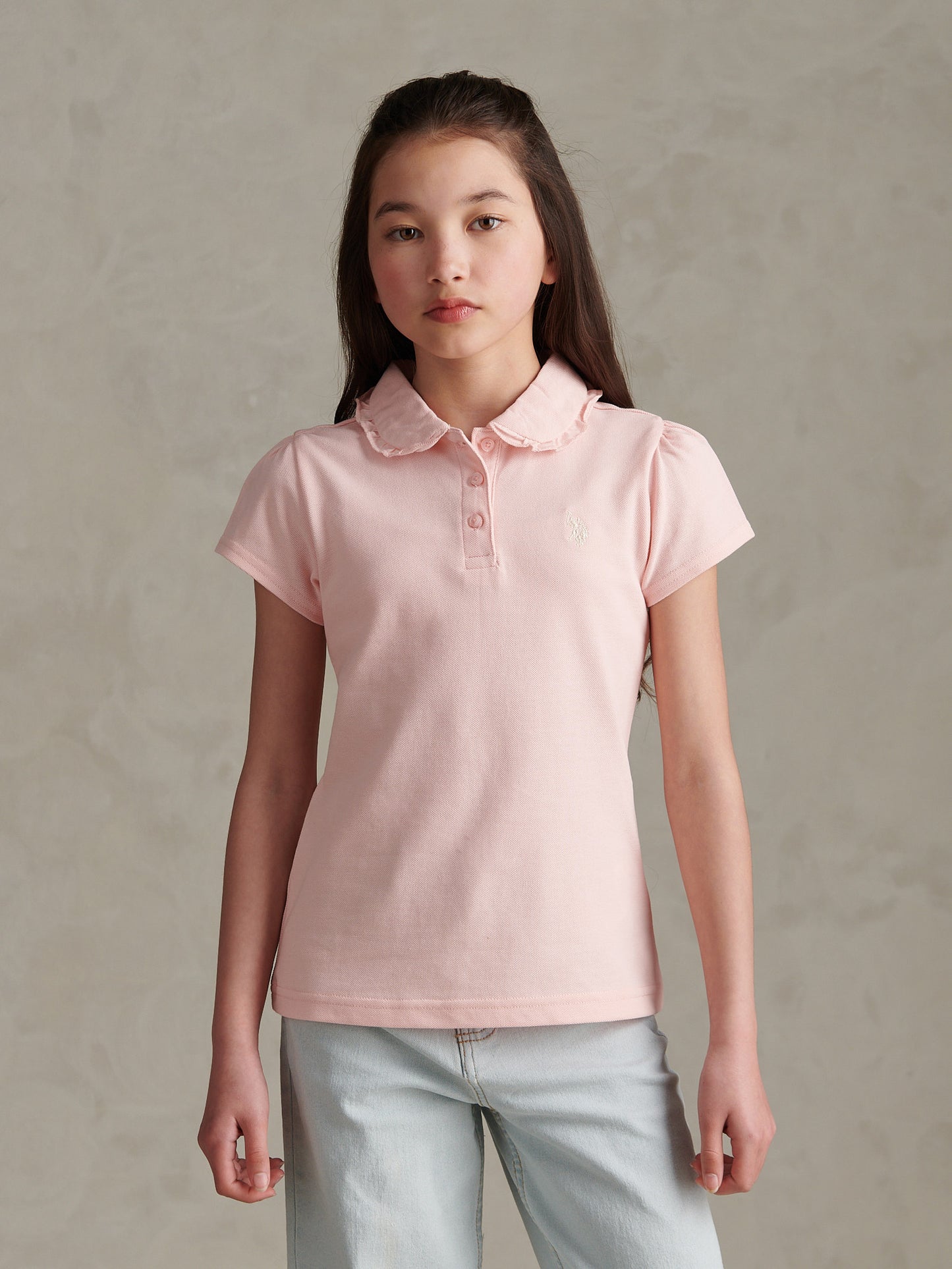 Girls Frill Collar Pique Polo Shirt Crystal Rose