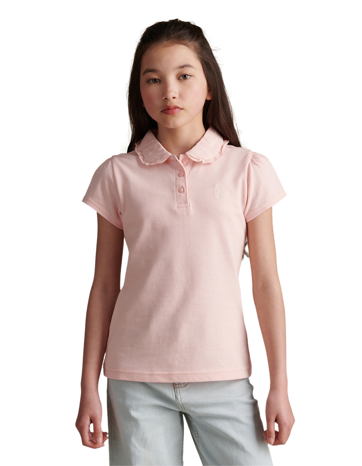 Girls Frill Collar Pique Polo Shirt Crystal Rose