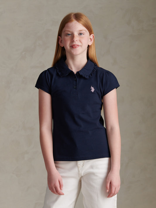 Girls Frill Collar Pique Polo Shirt Navy Iris