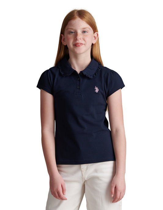 Girls Frill Collar Pique Polo Shirt Navy Iris