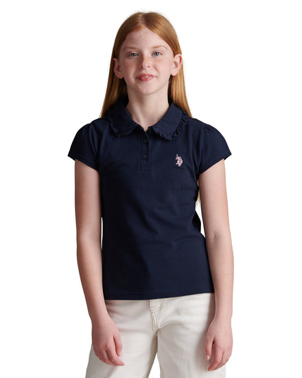 Girls Frill Collar Pique Polo Shirt Navy Iris