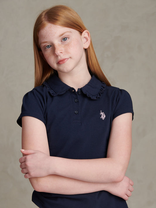 Girls Frill Collar Pique Polo Shirt Navy Iris