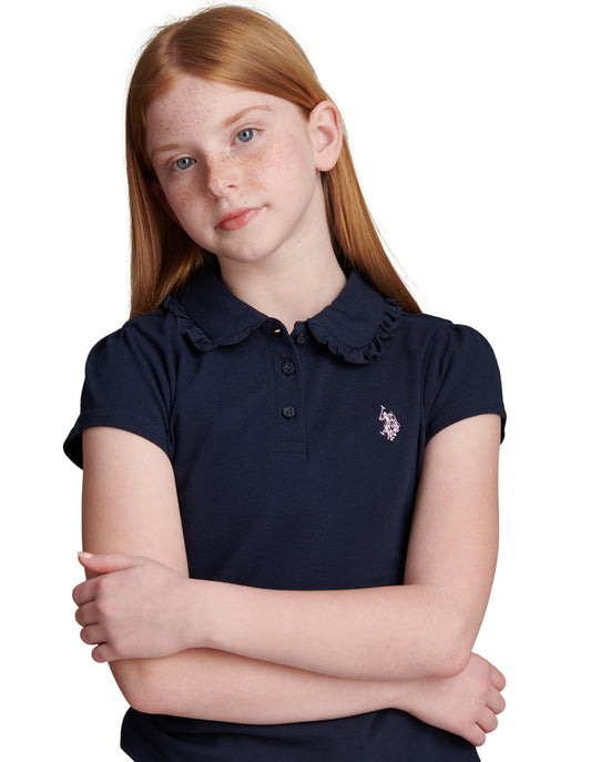 Girls Frill Collar Pique Polo Shirt Navy Iris