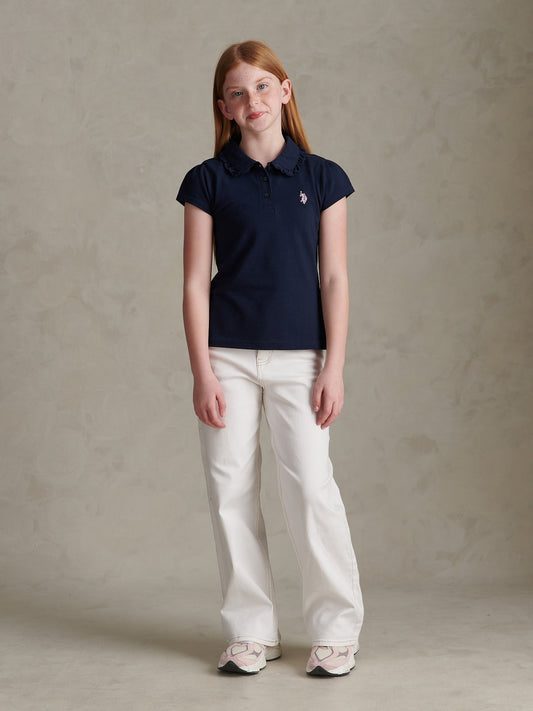 Girls Frill Collar Pique Polo Shirt Navy Iris
