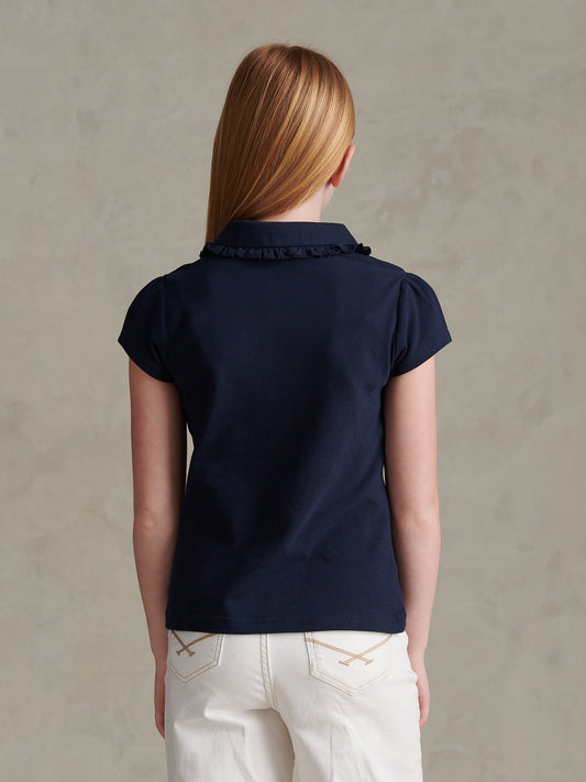 Girls Frill Collar Pique Polo Shirt Navy Iris